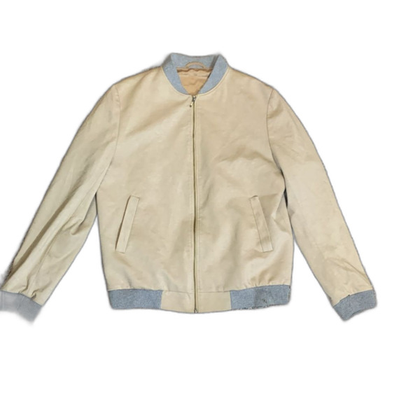 Topman Beige Gray Accents Zip Up Jersey Bomber Jacket Size 44/Large - Picture 12 of 14